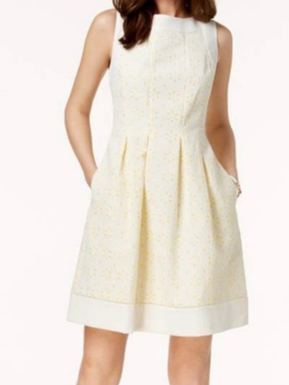 Jessica Howard Sleeveless White and Pale Yellow Eyelet A-Line Dress Size M